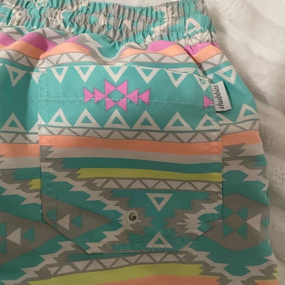 chubbies Turquoise Aztec Swim Trunks with Pink and Yellow Accents